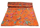 Bhagyashri Fashions Indische handgefertigte Baumwolldecke mit Vogelmuster, Queen-Size-Bett, Tagesdecke, Picknick-Überwurf, Decke, 274 x 228 cm