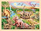 goki 57348 - Einlegepuzzle Dinosaurierwanderung - 96 Teile aus Holz - buntes Farbdesign mit detailreichem Dinosaurier Motv