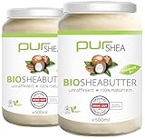 purSHEA-Bio Sheabutter (2x500ml) GLAS-Unraffiniert Kaltgepresst -Naturbelassen Ohne Zusätze Vegan Parfümfrei- 100% Reine Bio-Sheabutter Plastikfrei im Glas -Shea Butter- Premium Qualität (A+)