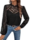 GORGLITTER Damen Elegant Blusen Stehkragen Oberteiel Hemdbluse Langarm Spitzen Tunika Bluse mit Laternenärmeln Schwarz L