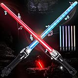 Laserschwert Kinder, 2 Stück Duell Lichtschwerter mit 7 Farben und Soundeffekten Star Wars Lichtschwert Schwert 2 in 1 Lichtschwert für Cosplay Spielzeug, Kinder Geschenk