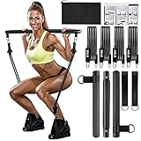 Qicool Pilates bar Set,Einstellbarer Pilates Bar mit 4 Resistances Bands Schaumstoffgriff und Türanker-2x30lbs,2x40lbs,-Widerstandsbänder mit Fußschlaufe für Beine,Hüfte,Taille und Arm (Schwarz)