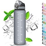 Auckpure Trinkflasche mit Strohhalm 1L, Wasserflasche mit Zeitmarkierungen, Wasserflasche Frei BPA, 1 Klick Öffnen in ​Water Bottle, Sportflasche, Fahrradflasche