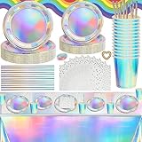 RUHM 85 Stück Regenbogen Partygeschirr Set,16 Gäste Regenbogen Holografisch Teller Set,Regenbogen Geburtstag Geschirr,Regenbogen Teller Becher,Regenbogen Party Supplies