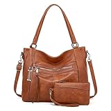 BAIGIO 2-teilige Handtaschen Damen Set Umhängetasche Groß Shopper Tasche PU Leder Schultertasche Crossbody Bag Tote Laptop Damentasche Henkeltaschen Tragetasche mit Geldbörse Reißverschluss, Braun