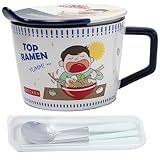 lachineuse - Instant-Nudelschüssel - Japanische Ramen- und chinesische Nudelschüssel - Mit Besteck und Deckel - Frühstücksschüssel, Suppe, Reis - Japan-China-Geschenkidee - Cup-Nudeln - Blau