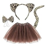 TSHAOUN 4 teiliges Stirnband Set mit Leopardenohren, inklusive Tier Tutu Rock, Kostümohren, Schwanz, Fliege für Kleinkinder Kinder Halloween Verkleidung Geburtstag Kostümzubehör (Leopard)