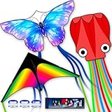 SGftre 3-teiliges Set Schmetterling, Delta und Oktopus Drachen für Jungen und Mädchen, Stranddrachen für Familien-Aktivitäten und Outdoor-Spiele (Rainbow Delta+Octopus Red+Blue Butterfly, 3)