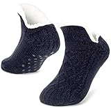 Pantoffelsocken für Frauen Männer Warm Halten Socke Nicht Rutschen Gestrickt Dick Sherpa Fleece Gefüttert Kuschelig Winter Flauschig Bett Hausschuhe Geeignet für Indoor Haus Haus Boden Navy Black