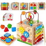 HELLOWOOD 8 in 1 Motorikwürfel ab 1 Jahr Aktivitätswürfel Stapel- und Sortierbrett Wort Karten(Auf Englisch) Motorikspielzeug Baby Montessori Spielzeug Geschenk für Kinder