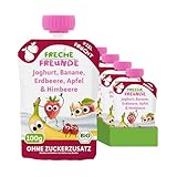 FRECHE FREUNDE Bio Quetschie Joghurt, Banane, Erdbeere, Apfel & Himbeere, Fruchtmus mit Obst im Quetschbeutel für Babys ab dem 6. Monat, vegan, 6er Pack (6 x 100g)