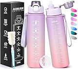 AOHAN Trinkflasche Sport 1l, Wasserflasche Tritan BPA-Frei, Auslaufsicher Trinkflasche mit Strohhalm, Sportflasche mit Filter und Zeitmarkierung für Fitness Radfahren Schule Büro und Outdoor