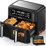 MECIGA Dual Zone Heißluftfritteuse, Doppelkammer Airfryer mit Sichtfenster, Transformierbar Heissluftfritteuse, 12L Groß Air Fryer, 2 Schubladen, Ölfrei Fritteuse, Spülmaschinenfest, 2400W, Schwarz