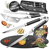 Rawford 3-teiliges Premium Grillbesteck-Set aus Edelstahl mit hochwertigen Langen Polymergriffen - Grillzubehör mit Grillzange, Grillwender, Fleischgabel, Aufbewahrungstasche, spülmaschinengeeignet