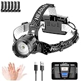 LUCKFEN Stirnlampe LED Wiederaufladbar 120000 Lumen, 9000mAh, mit Bewegungs-Sensor, 90° schwenkbarem Kopf, 3 Helligkeitsstufen & Zoom (Weit-/Nahbereich), IPX7 für Camping, Wandern, Klettern, Angeln