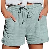 Bermudas Damens Sommer Leinenhose Damen Kurz Shorts Damen Sommer Musselin Leinen Kurze Hose Baggy Beach Short Mit Taschen Elastische Taille Stretchy Gerades Bein Bermuda Lässige Freizeit L