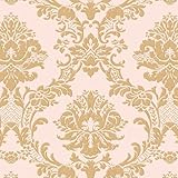 IM36406 Damast-Tapete in Register, Blush Pink, gebürstetes Metallic-Gold, goldfarben