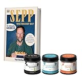Rimoco Gewürze Geschenkset aus Gewürzen + Das Kochbuch 'Sepp, was machst du?' - bestehend aus Bio Tellicherry Pfeffer N°108, Fleur de Sel de Guérande N°258 und Bio Brotzeitgewürz N°757