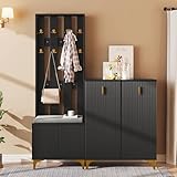 Oslghy Garderobenset Wandgarderobe, Garderoben Set mit Schuhbank und Kissen, Schuhschrank Flurgarderobe Set mit Haken Schubladen und Türen, Kompaktgarderobe für Flurmöbel, 143,2x180,5x35,2cm (Schwarz)