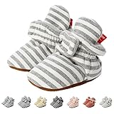 TMEOG Unisex-Baby Neugeborenes Fleece Booties Bio Baumwoll-Futter und rutschfeste Greifer Winterschuhe (6-12 Monate, B_Weiß/Grau)