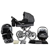 Bergsteiger Venedig Nostalgie Kinderwagen 3 in 1 Retro Kombikinderwagen Megaset 10 teilig inkl. Babyschale, Babywanne, Sportwagen und Zubehör (black & white dots)