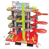 Mochtoys Parkgarage für Kinder - 4-Stöckige Parkhaus Set mit Aufzug, Verkehrsschildern und Auto, Entwickelt Manuelle Fähigkeiten, Für Kleinkinder ab 3 Jahren, Abmessungen: 55x35x44 cm