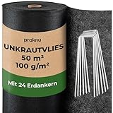 Praknu Unkrautvlies 100g/m2 𝗘𝘅𝘁𝗿𝗮 𝗦𝘁𝗮𝗿𝗸 - 50m2 - Unkrautfolie mit 24 Erdanker - Wasserdurchlässig & Reißfestes - UV Stabil