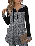 Gaharu Damen Tunic Shirt Pullover Tops Kapuzenshirts Casual Langarm Reißverschluss Longshirt Frauen Hoodies V Ausschnitt Elegant Tshirt Strick Herbst Winter Locker A Linie Oberteil Multi-Schwarz,M