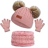 Wintermütze Schal Handschuhe Mädchen Set Kindermütze Strickmütze Mütze Schal Mütze Jungen Warme Winter Beanie Hut Handschuhe runder Schal Set für Kinder 3-8 Jahre