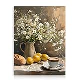 Dazzlewall Vintage Blumen-Wandkunstposter, Zitronen-Küchenbilder Wanddekoration Gänseblümchen-Stillleben-Druck für Schlafzimmer Wohnzimmer 12x16 Zoll ungerahmt