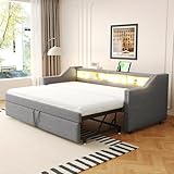 Merax Schlafcouch Ausziehbar 90/180 x 190 cm, Klappsofa mit LED-Licht und USB-Buchse, Couch Bett 2 Sitzer mit Schlaffunktion, Leinenstoff, Grau (Ohne Matratze)