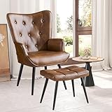 Ckaff Sessel mit Hocker, Ohrensessel mit Hocker aus PU-Kunstleder, Sessel Wohnzimmer Relaxsessel mit Fußstütze Loungesessel Polstersessel fürs Wohnzimmer Schlafzimmer Arbeitszimmer, Braun