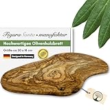 Figura Santa® Olivenholzbrett ORGANIC - rustikales Servierbrett Holzbrett Schneidebrett Frühstücksbrett, fein gemasertes Olivenholz, Naturschnitt mit Baumrinde ca.30 x 18 cm