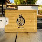 Personalisiertes Schneidebrett mit Griff + Saftrille aus Bambus mit Gravur und Name, als Geschenk für den Grillprofi, Hobbygriller, Chef am Grill, ca. 38 cm x 28 cm (Grillmeister)