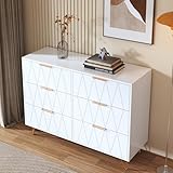 Weiße Kommode mit 6 Schubladen, große Kommode für Schlafzimmer und Erwachsene, mit V-Beinen aus goldfarbenem Metall, Aufbewahrungsmöbel aus Holz, für Wohnzimmer, Schlafzimmer, moderner Stil (Weiß, 6