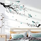 decalmile Wandtattoo Vögel auf Baum Ast Blüten Wandaufkleber Blumen Blau Wandsticker Wohnzimmer Schlafzimmer Sofa Hintergrund Wanddeko