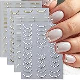 Nagelsticker French 5D Gold Silber Linie – Nails Sticker Selbstklebend mit Diamant Strass Design, Tip Nagelsticker für Französische Maniküre, Nail Art Sticker für Nägel, Nageldesign Aufkleber 4 Blatt