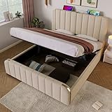 OKMYHOME Bett mit Bettkasten, 160 x 200 cm, gepolstert, mit USB Typ-C-Funktion, Leinen, ohne Matratze, Beige