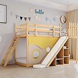 FEZTOY Kinderbett Etagenbett, Holzbett mit Treppe und Zäune, mit Bettvorhang, Rutsche und Regal, Hochbett Stockbett mit Fallschutz und Gitter, Natur (90x200cm)