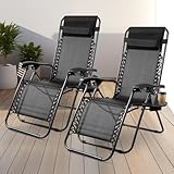 Soontrans Liegestuhl 2er-Set, Schwerelos Chillen, Liegestuhl Klappbar mit Stufenlos verstellbare Positionen & Kopfstütze & Getränkhalter, aus Stahlrahmen & Textilenebezug (Anthrazit)