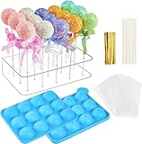 CLUEWR Cake-Pop-Form-Set, komplettes Set mit 1 x 12 Mulden, Silikon-Kuchenform, 15 Löcher, transparenter Acryl-Lutscher-Halter, 50 x transparente Beutel, 50 x Leckerli-Sticks und 50 x Bindebänder