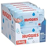 Huggies Pure, Babytücher, 18 Packungen (insgesamt 1008 Tücher) — 99 Prozent reines Wasser — parfümfrei für sanfte Reinigung und Schutz — natürliche Feuchttücher