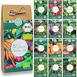 Bio Gemüse Samen Set - 12 Sorten Gemüsesamen aus biologischen Anbau, samenfestes Gemüse Saatgut, Bio Gemüsesamen Set für das Hochbeet, Garten, Balkon und Küche, 12er Pflanzensamen Set