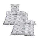 Casa Colori Seersucker Bettwäsche 4tlg. 135 x 200 cm mit Reißverschluss in Grau kariert mit Herzen