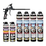 Isolbau - Brunnenschaum 1K Bauschaum Wasserdicht Aussen und Innen - 4 x Montageschaum 750 ml, 2 x PU-Schaum-Reiniger & 1 x Schaumpistole - PU-Schaum - Pistolenschaum Dämmschaum Isolierschaum