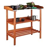 Relaxdays Pflanztisch, Holz, Metallplatte, 3 Ebenen, Arbeitsplatte Gewächshaus, HBT: 87,5 x 91,8 x 41,5 cm, orange