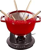 STAUB Fondue Set mit 6 Gabeln, Gusseisen, 20 cm, 2,3 l, Geeignet für Käse- Schoko- und Fleisch-Fondue, Kirschrot