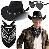 Saier tbo 3Stück CowboyHut Accessories Set, Western Cowboy Outfits Zubehör Kit mit Schwarzer Hut Brille Kopftuch für Damen Herren Halloween Fasching Karneval Kostüm Party
