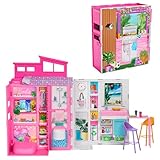 Barbie-Puppenhaus Spielset, Ferienhaus mit 4 Spielbereichen, darunter Küche, Badezimmer, Schlafzimmer und Lounge, 11 Deko-Zubehörteile, HRJ76