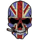 Rocking Planet Aufnäher mit britischer Flagge, Motiv: rauchender Totenkopf, Großbritannien, bestickt, zum Aufbügeln oder Aufnähen